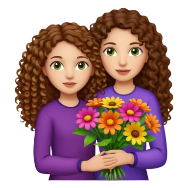light skinned brunette long curly haired woman with green/hazel eyes holding big bright bunch of flowers with one hand and daughter's hand (also with long brown curly hair) in other. White background. sticker