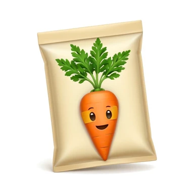 emoji-style carrot seed pack, small white seed packet, orange carrot with green leaves, friendly cartoon face, minimal design, outlined, soft shadow sticker
