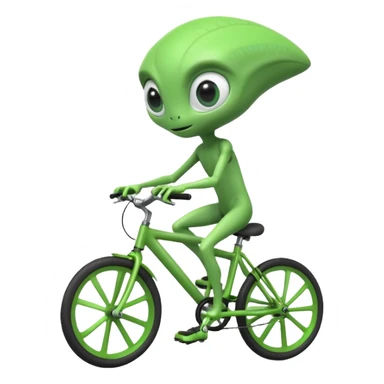alien riding a bicycle, cute extraterrestrial character, casual cycling pose, big curious eyes, futuristic yet playful vibe, 3D cartoon, mobile game icon style, clean background, no text, no watermark
 sticker