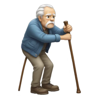 Old man leaning on a walking cane and holding his crancky back with his hand, grumpy face, detailed sticker
