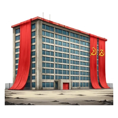 Soviet heavy equipment plant building, concrete structure, large windows, red banners, no people, no machinery outside sticker
