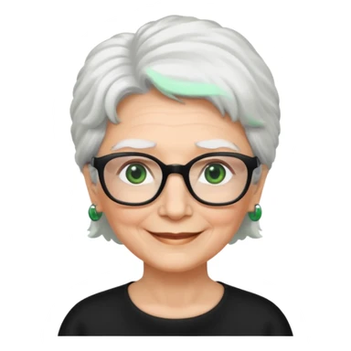 White hair grandma, green eyes, hair to shoulder, lokeg black glasses, rectangles face, smile , sticker