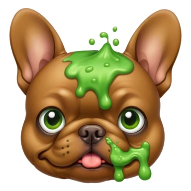 Brown Frenchie dog with green vomit sticker