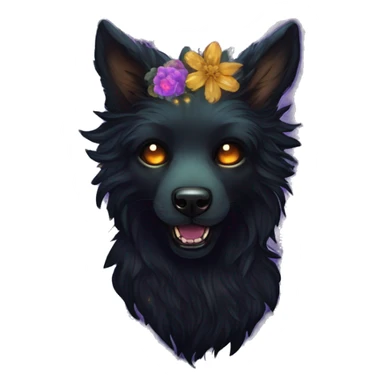 Black iridescent fluffy dog fox head zombie skull skeleton gold mechanical nebula galaxy stars colorful flowers fairy lights vintage sticker