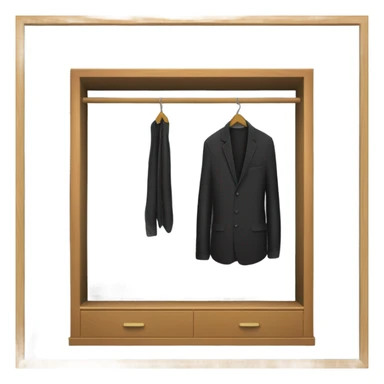Design an emoji-style icon of an open wardrobe with clothes hanging inside. Include details like a wooden frame, hangers, and black clothing items such as shirts or any other clothing . Use a clean and minimalistic design. sticker