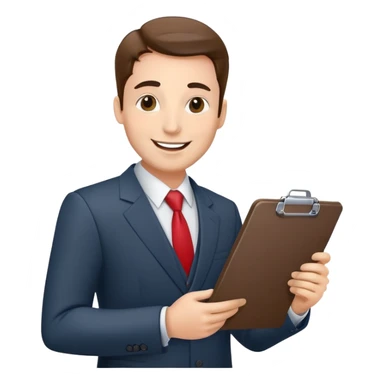 car salesman with a clipboard, cheerful expression, suit sticker