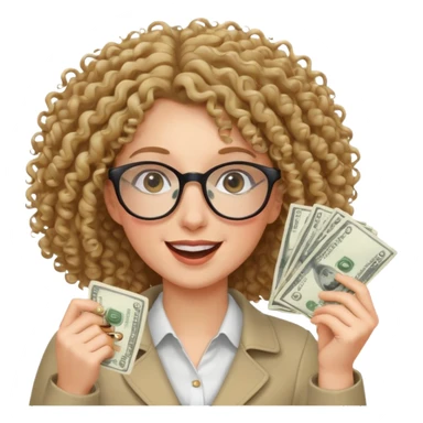 curly haired white woman with glasses joyfully throwing cash sticker