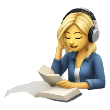 Blonde woman with headphones Studying in library looking at book  sticker