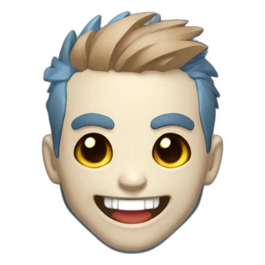 Skull laughing out loud logo illustrated , chibi anime style, head and shoulders only, red cheeks, light brown eyes, short gray hair, cyberpunk jacket with blue colors, flashing background. sticker