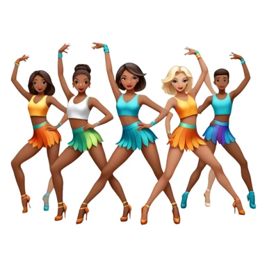 Icon for Contemporary Dance: a synchronized guys and girls group performance on stage with backup dancers in bright, modern outfits and dynamic lighting. The icon should capture the energy and coordination of a dance routine, with a focus on movement and stage presence. Transparent background. sticker