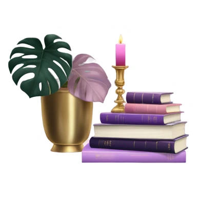 An elegant still life featuring a stack of light and dark violet books, a pink monstera plant, and a brass candle holder. sticker