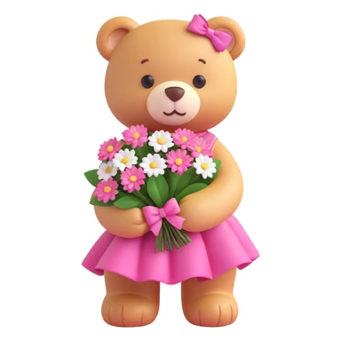 A cute teddy bear with a pink bow on its head, holding a bouquet of white flowers, in a 3D iOS Disney style, with a soft pink background and hearts floating around, wearing a pink dress. sticker