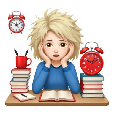 A student girl is sitting in a panic and chaos. On the table, there are a bunch of books, notebooks, and a phone with a red alarm clock on the screen. sticker