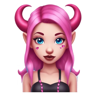 A succubus devil girl with pink skin round shaped horns with blue eyes and pupils shaped into red hearts her hair tied up in two ponytails, hot pink colour with blue hair, strings crystal in her forehead, blue coloured and pink freckles sticker