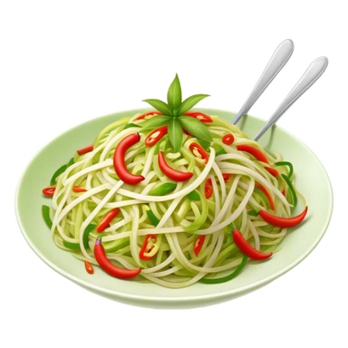 Cinematic Realistic Som Tam (Papaya Salad) Dish Emoji, featuring a spicy, tangy salad of shredded green papaya with chili and lime rendered with crisp textures and bright, lively lighting. sticker