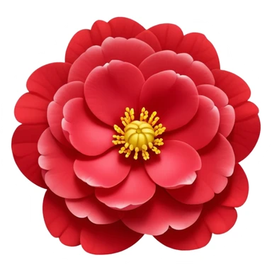 red Japanese camellia flower with layered petals and yellow stamen, flat design sticker