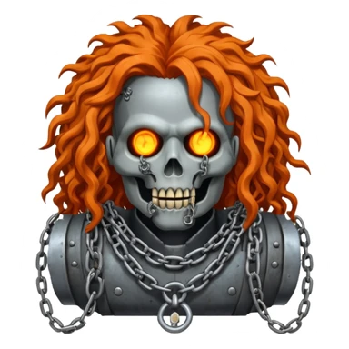 steam-punk Megadeth - iconic corpse made of rusty metal with chains on its teeth, huge curly orange hair sticker