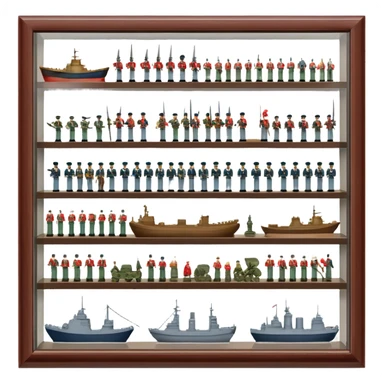 Icon for Miniature Collecting: a collection of finely detailed miniature items such as tiny colorful army of soldiers, ships and accessories, neatly displayed on a shelf or in a display case. The icon should convey the intricacy and charm of collecting miniature objects. Transparent background. sticker