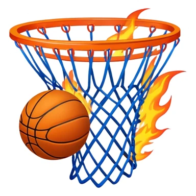 Blue basketball with flames effect passing through net, dramatic sports moment, iOS emoji style sticker