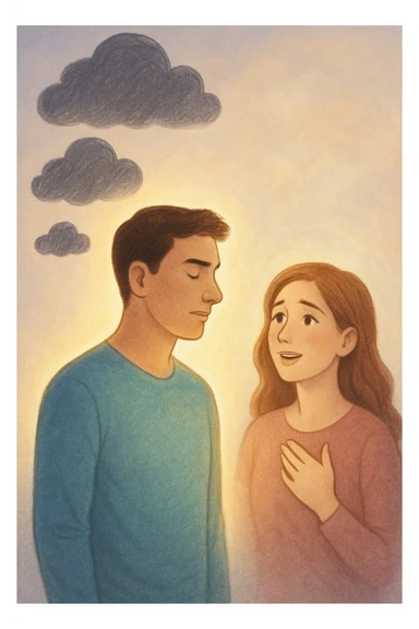 Vertical format: A man with a serene and determined expression facing his problems alone, positive energy radiating from him, the woman next to him appears relieved and brighter, atmosphere of balance and relief. sticker