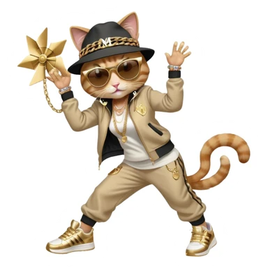 female cat in Run DMC hip-hop outfit with tracksuit, fedora, Adidas sneakers, dark sunglasses, many gold chains and bling accessories, doing a windmill break dance move sticker