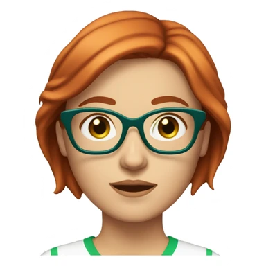 Adult Caucasian woman with choppy straight chin-length highlighted red hair and blue eyes and green glasses and white shirt sticker