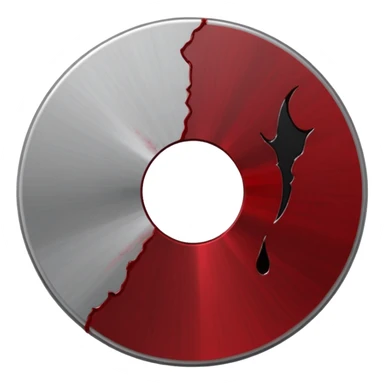Minimalist emoji-style sticker of a single CD with a sharp crack and a dried blood spot. View from above, black, gray, and muted red.
 sticker