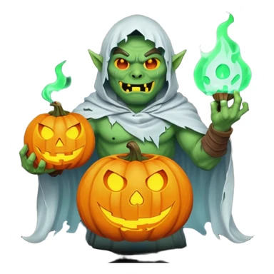 male orc warrior ghost emoji, green skin, wearing torn white ghost sheet costume, holding glowing jack-o'-lantern, faint blue aura, friendly but spooky expression, Halloween fantasy theme, Apple emoji style, clean white background, square sticker
