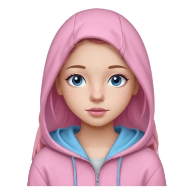 Create a TEENAGE girl with LONG and straight light brunette hair with a middle part, light skin, light freckles, and blue-gray eyes. She will have pink lips and LONG eyelashes. She will be wearing a light pink zip-up hoodie that is off her shoulder. sticker