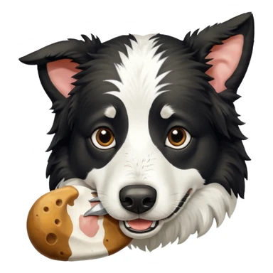A black and white border collie is chewing on a cow's hoof. sticker
