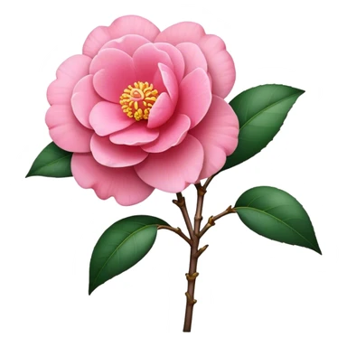 single pink Camellia flower, stem sticker