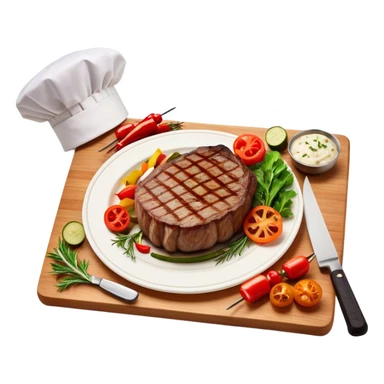 icon featuring a chef’s hat, a cutting board with fresh ingredients, a knife, a beautifully cooked ribeye steak, shashlik skewers, and a plate of food in the making. The design captures the passion of cooking with warm, inviting colors, and realistic textures. Transparent background. sticker
