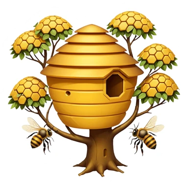 A small hive nestled between tree branches with worker bees. sticker
