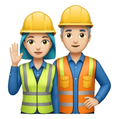 Um homem e uma mulher amarelos com capacete de obras azul escuro e camisa social cinza com faixas refletivas verdes nos braços. Um deles deve estar segurando um megafone sticker