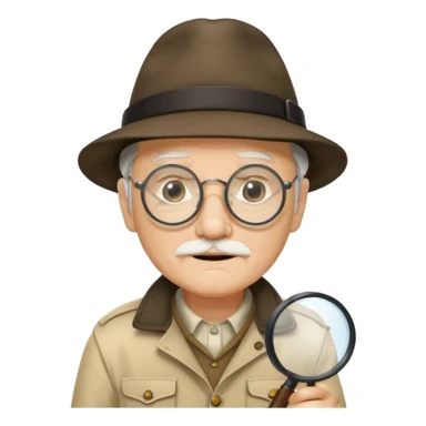 old man in beige explorer outfit, wear black glass, hat, holding magnifying glass sticker