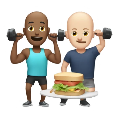 Bald man lifting weights to music while his friend eats a sandwich  sticker