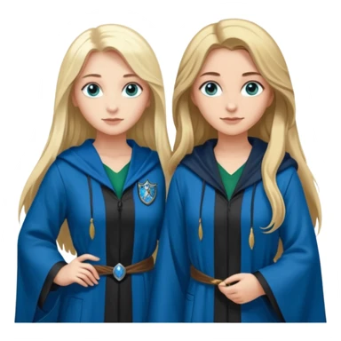 hot Slytherin girl with long blonde hair, blue eyes and big boobs standing with a pretty ravenclaw girl with long brown hair and blue eyes sticker