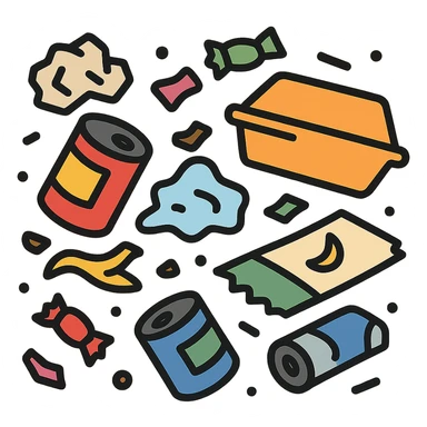 Make the trash on the floor look much messier, with more scattered items, in a clean vector icon style, no background. sticker