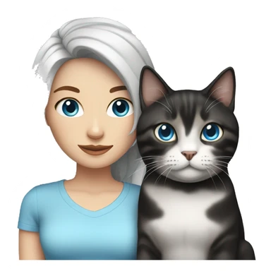 White woman with black hair and blue eyes with tabby cat sticker