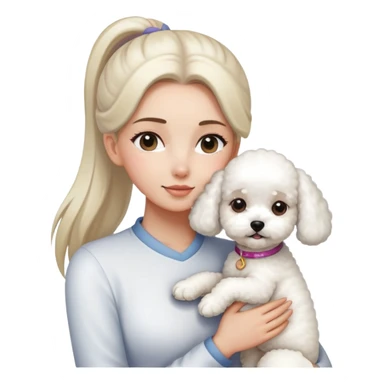 One long face girl with straight hair in a ponytail，hugging one Bichon frise sticker