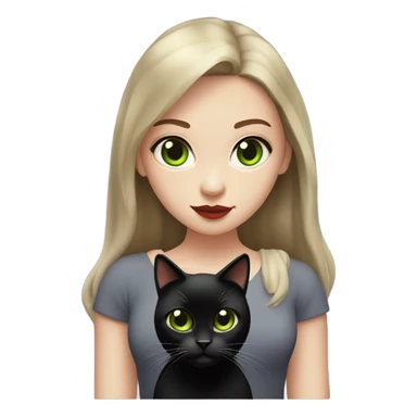 A teenage girl with white skin, she have some green hazel eyes, red lipstick, mid long straight dark brown hair, she have an eyeliner and she is holding a black cat in her arms, view from close sticker