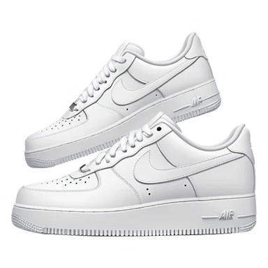 A pair of all-white Nike Air Force 1 sneakers positioned with one behind the other, clean white leather, classic AF1 silhouette, chunky sole sticker