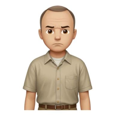 Carl from Sling Blade, serious expression, recognizable features, chin sticking out, slouching posture, no glasses, shirt with collar,  side view,show his entire body, he is standing. we see him from the side. Not frontal view. Side view. He sticks his head forward sticker