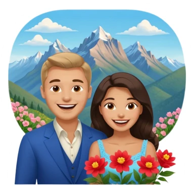 Couple  laughing traveling russian man and elegant  Latina girl delicate flowers and mountains in the background  sticker