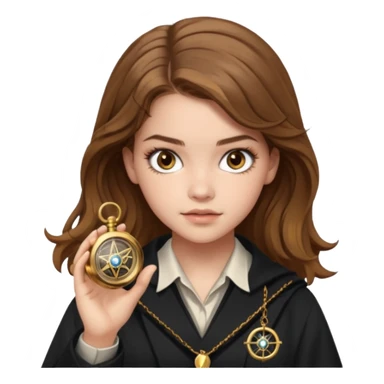 Barbara Palvin as Hermione Granger with brown eyes and holding a time turner sticker