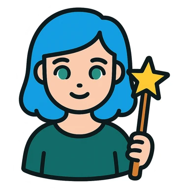 beautiful girl with blue hair and green eyes, holding a magic wand, wearing a dark green dress, color icon style sticker