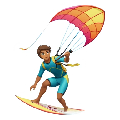 A professional kite surfer riding the waves, holding the kite in front of them as the wind fills the sail, propelling them across the water. The backdrop features a stunning landscape with a vibrant sky, crashing waves, and a sense of motion and adventure. sticker