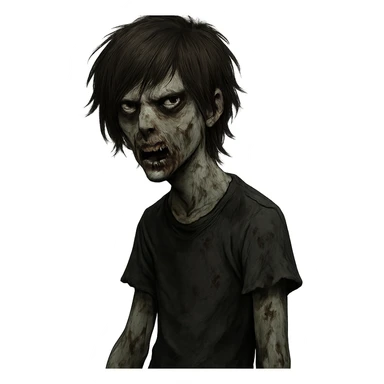 zombie boy, brown medium shaggy hair, emo style, dark and scary expression sticker