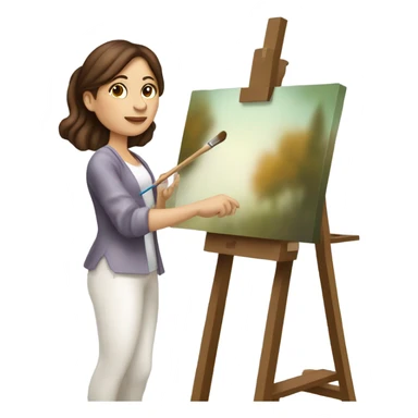 A female Caucasian brown haired artist, painting at an easel with Canvas on the easel sticker