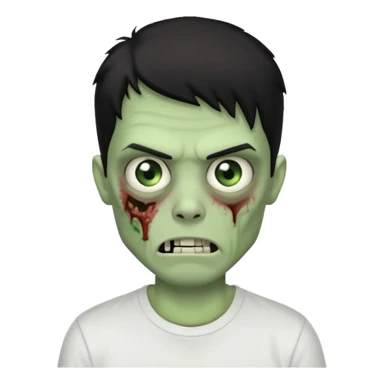 Rosto de frente classico de zombie boca meio torta cabelos medios pretos low fade com pele verde clara camiseta branca sticker